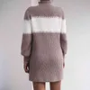Knitted Stripe Straight Winter Sweater Dress Women Lantern Sleeve Vintage Short Basic Turtleneck Dress Winter Clothes 210415