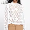 Summer Women Basic Tops Long Sleeve Sexy See Through White Lace Blouse Shirt 210415