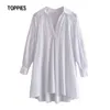 Toppies été Blouses robes coton blanc évider brodé Mini robe à manches longues 210412