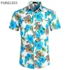 Синий цветочный напечатанный пляж гавайская рубашка мужчины летние с коротким рукавом мужские тропические рубашки алохи мужская вечеринка праздник одежда 2xL 210522