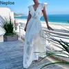 Neploe New Summer Beach Dresses Women Short Sleeve Bröllop V-Neck Elegant Party Evening Slim Hollow Lace Dress Vestidos 210423