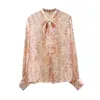 Spring Women's Blouse Korean Style Bow Tie Collar Lantern Sleeve Bright Silk Print Shirt Casual Loose Female Tops 210506