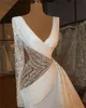 Kristal Tasarımcı Mermaid Abiye Ile Dövülebilir Tren Boncuk Sequins Balo Elbise Seksi V Boyun Örgün Pageant elbise Custom Made Parti Giymek Robe de Mariée