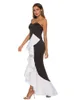 Frauen Party Tube Tops Kleid Maxi Sexy Rüschen Patchwork Schwarz Weiß Kontrast Farbe Elegant Feiern Abendessen Abend Bodycon Roben 210416