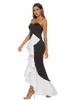 Femme Party Tube Tops Robe Maxi Sexy Ruffle Patchwork Noir Couleur de contraste blanc Elegant Célébreur Dîner Bodycon Robes 210416