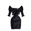 Fashion Temperament Vestidos Female V-neck Bowknot Puff Sleeve Slim Slimming Hip Mini Dress C566 210506