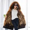 Plus Storlek Vinter Natural Raccoon Parkas Black Raccoon Fur Foder x Long Jacket Coat XXL