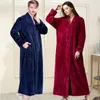 フランネルカップルローブkimono hombre暖かいジッパーロングスリープウェア男性バスローブVネックホーム服カジュアル特大ベルベット210524