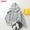 Tangada Women Gray Crop Hoodie Sweatshirts Zipper 2021 Ladiespocket Hooded Jacket 2J29 Y0820