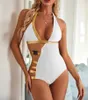Gold Bar Splicing High Taille Bikini 2021 Sexy Solid Color Push Up Maillots de bain Femmes One Piece Maillot de bain Bandage réglable Bikinis Femme