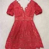 vintage party dress red Christmas mini dresses for women lace v-neck hollow out A-line summer holiday robe mujer vestidos 210421