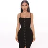 Gratis kvinnor svart lång klänning sexig spaghetti strap bodycon halter single breasted split club party vestido 210524