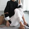 Korean Pregnant Mother dress women's Black Hooded Dress With Mesh Stitched Long Sleeve Irregular Hem Ladies Midi 3258 210428