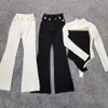 Free Fashion Ladies Bandage Set Sexy Stand Collar Long Sleeve Hollow Color Block Mesh Top & Flared Pants Two-piece 210524