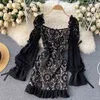 Elegant retro mini dress lace short sexy A-Line Solid for womens puff sleeve waist bag hip fishtail white party 210420