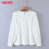 Tangada Women Retro Ruffles Embroidery Romantic Blouse Shirt Long Sleeve Chic Female Shirt Tops RB09 210609