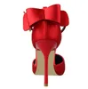 弓の女性のポンプシルクハイヒールの女性の靴スティレット赤い結婚式の靴の女性のサンダル