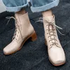 Meotina Real Leather Enkellaarzen Vrouwen Lederen Dikke Hoge Hak Korte Laarzen Lace Up Square Teen Shoes Dames Herfst 33-41 210608