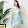 Vestido de fiesta de verano de diseñador de moda para mujer, manga abullonada, patchwork, con cuentas, estampado Floral azul, elegante, corto, Jacquard 210524