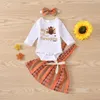 0-18m Min 1: a Thanksgiving Day Baby Girls Kläder Set Brev Romper Ruffles Kjolar Overlar Outfits 210515