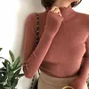 Turtleneck Ruched Women Sweater High Elastic Solid Fall Winter Fashion Slim Sexy Knitted Pullovers Pink White 210607