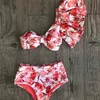 Bir Omuz Bikini Set Seksi Fırfır Mayo Kadınlar Mayo Yüksek Bel Mayo Beachwear Kırmızı Baskı Biquini Kadın 210630