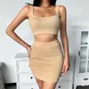Ezgaga Two Piece Set Women Square Neck Crop Top and Ribbed Skirt Knitted 2Pcs Sleeveless Ladies Sexy Bodycon Solid Tracksuits 210430