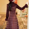 Yosimi vintage plaid vrouwen jurk mid-kalf herfst winter preppy stijl nep set vestidos fluwelen lange mouw elegante jurken 210604