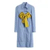 Blue Striped Long Shirt Dress Women Puff Sleeve Tunic A Line Ladies Cut Out High Fashion 210427