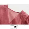 Traf Women Seksowna moda Wyglądanie przez potargane bluzki vintage v szyja Koszule z długim rękawem Blusas Chic Tops 210415