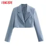 Women Solid Crop Blazer Coat Vintage Notched Collar Pocket Fashion Female Casual Chic Tops BE417 210416