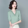 Office Lady Solid V-neck Blouse Women Summer Embroidery Short Sleeve Casual Silk Satin Shirts Plus Size Loose Tops Clothes 13460 210528