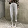 Vintage Moda Denim Mujer Pantalones Solidna Luźna Przycisk Szary Jesień Kobiety Spodnie Koreańskie Spodnie Wysoka Talia 18143 210415