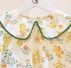 春の秋の子供たちの女の子2  -  PCSセット襟の花のシャツ+緑のスリングオーバーオールドレス子供の衣装