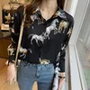 Kadın Bluzlar Gömlek Vintage At Baskılı Bluz İlkbahar Sonbahar Tek Göğüslü Uzun Kollu Hayvan Baskı Gömlek Lady Rahat