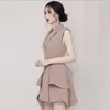 Fashion Women Double Breasted Ruffles Irregular Dress Office Lady Notched Collar Sleeveless Korea Vestidos 210520