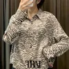 여성 패션 동물 인쇄 느슨한 자른 된 블라우스 빈티지 긴 소매 버튼 - 최대 여성 셔츠 Blusas Chic Tops 210507
