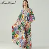 Bohemia verão mulheres férias maxi vestido solto combinando flor impressão 3/4 manga moda longa festa 210524