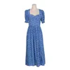 Kanske är du blå blommigryck Vintage Slash Neck Kortärmad Midi Dress Kvinnor Koreansk stil D1804 210529