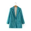 Evfer Donna Autunno Casual Velluto a coste Blu Lungo Capispalla Blazer Office Lady Elegante Blazer a manica singola con bottone Chic 210421