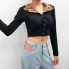 Ezgaga Giacca Donna Sexy Leopardo Colletto Gira-Imbottiture Manica Lunga Sottile Sottile Monopetto Signore Top Streetwear Moda 210430