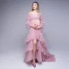 Unikalne suknie wieczorowe Off Ramię Długie Rękawy Ruffles Tulle Koronki Kobiety Cape Dress Lace-up Back Maternity Formalne Suknie Wieczorowe Moda