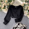 Autumn Vintage Women's Two Piece Set Sexy V-Neck White/Black Short Tops And High Waist Print Skirt Female 2pcs Suit 211106