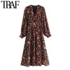 Trafik Kvinnor Chic Fashion Floral Print Pläterad Midi Dress Vintage Puff Sleeve med Foder Kvinnliga Klänningar Vestidos Mujer 210415