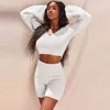 Two Piece Set Women Shorts Suits Sexy V Neck Long Sleeve Fleece Crop Top+Shorts Bodycon Teddy Plush Women Knitted Tracksuit Sets 210507