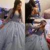 2023 Nefis Vintage Açık Mavi Quinceanera Modelleri Uzun Kollu Dantel Aplikler Kristal Boncuklar Sevgiliye Korse Geri Plus Size Örgün Parti Balo Abiye Giyim