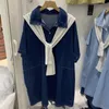 Mulheres Azul Azul Férias de Manga Curta Denim Saia Verão Solto Fino Médio Longo Striped Cape Vestido moda 16w976 210510