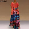 Maxi Elbise Kadın Patchwork Çiçek Baskılı Sundress Vonda 2021 kadın Sonbahar Şık Robe Kadın Pamuk Keten Elbise S-5XL X0521