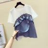 夏の韓国のエレガントな女性TシャツLotus Leaf裾のスプライシング半袖Tシャツ緩いレジャーパッチワーク210615