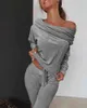 Ninimour Kvinnor Elegant Mode Off Shoulder Ruched Top Pant Set Ladies Mesh Sheer Two Piece Ruched Set Women Club Outfits 210415